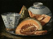 A Still-Life with Melon, an octagonal blue and white cup on a Silver Charger, Cristoforo Munari